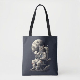 Bolso De Tela Gato Astronauta Tomando una Taza de Café