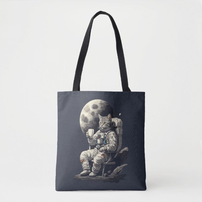 Bolso De Tela Gato Astronauta Tomando una Taza de Café (Anverso)