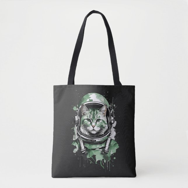 Bolso De Tela Gato Astronauta Verde Splash (Anverso)