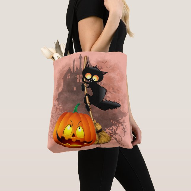 Bolso De Tela Gato asustado por un personaje de Halloween divert (Detalle)