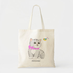 Bolso De Tela Gato atigrado adorable y pequeño pájaro