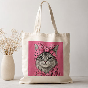 Bolso De Tela Gato atigrado lindo en pañuelo de lunares rosa ret