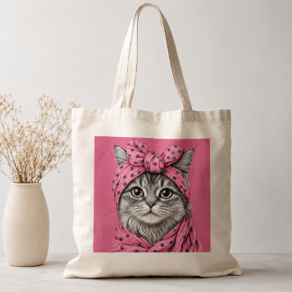 Bolso De Tela Gato atigrado lindo en pañuelo de lunares rosa ret