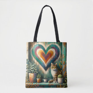 Bolso De Tela Gato atigrado y diseño artístico colorido rústico 