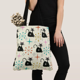 Bolso De Tela Gato atómico negro de mediados de siglo con estall