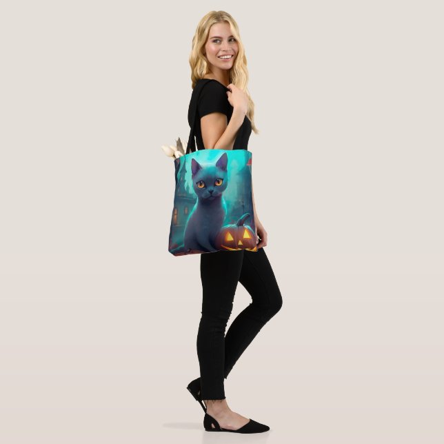 Bolso De Tela Gato azul ruso de Halloween con calabazas aterrado (Puesto)