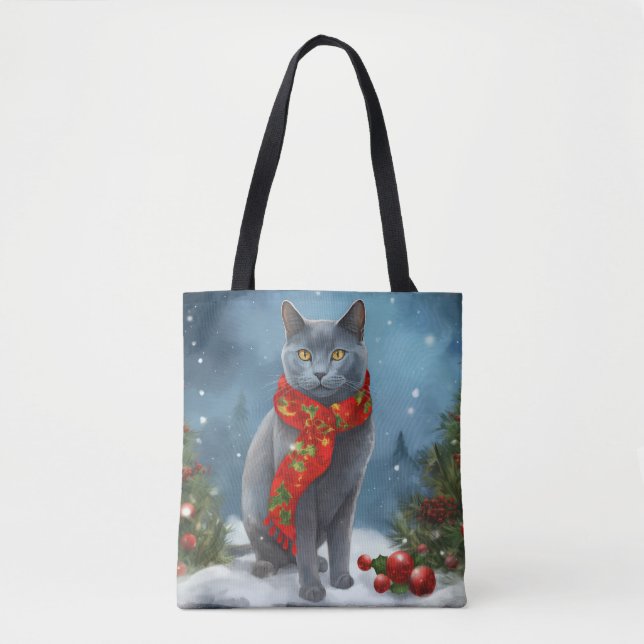 Bolso De Tela Gato azul ruso en Navidades de nieve (Anverso)