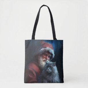 Bolso De Tela Gato Azul Ruso Santa Claus Festivo Navidad