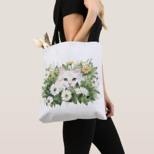 Bolso De Tela Gato Blanco Acuarela En Daisies