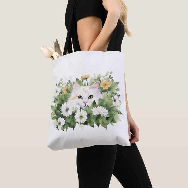 Bolso De Tela Gato Blanco Acuarela En Daisies (Detalle)