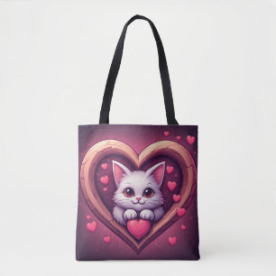 Bolso De Tela Gato Blanco Adorable con Corazón Diseño de Amor Ga