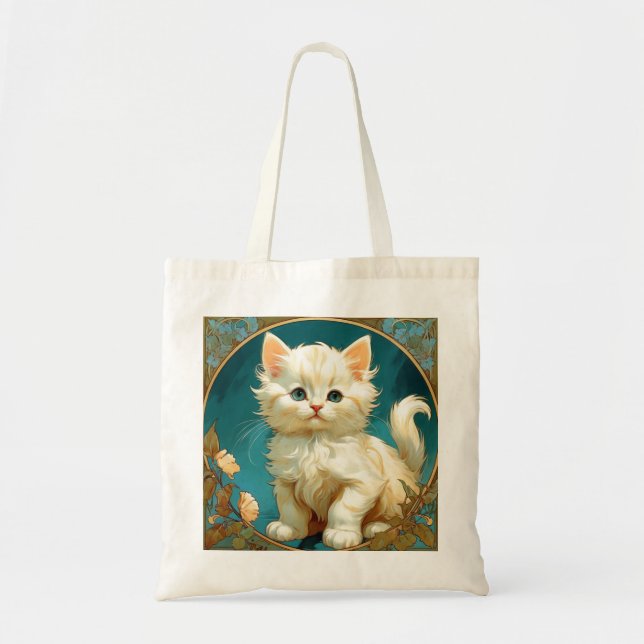 Bolso De Tela Gato blanco Alphonse Mucha Art Nouveau (Frente)