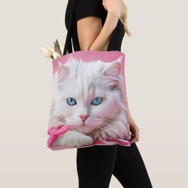 Bolso De Tela Gato blanco con cintas rosadas (Detalle)