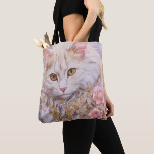 Bolso De Tela Gato Blanco Elegante en Oro y Diamantes