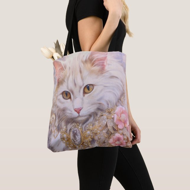 Bolso De Tela Gato blanco elegante en oro y diamantes (Detalle)