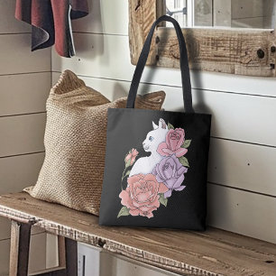 Bolso De Tela Gato Blanco Floral Pastel Botánico Romántico Negro