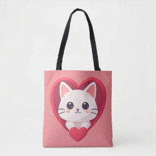 Bolso De Tela Gato blanco lindo con diseño de amor gatito Kawaii
