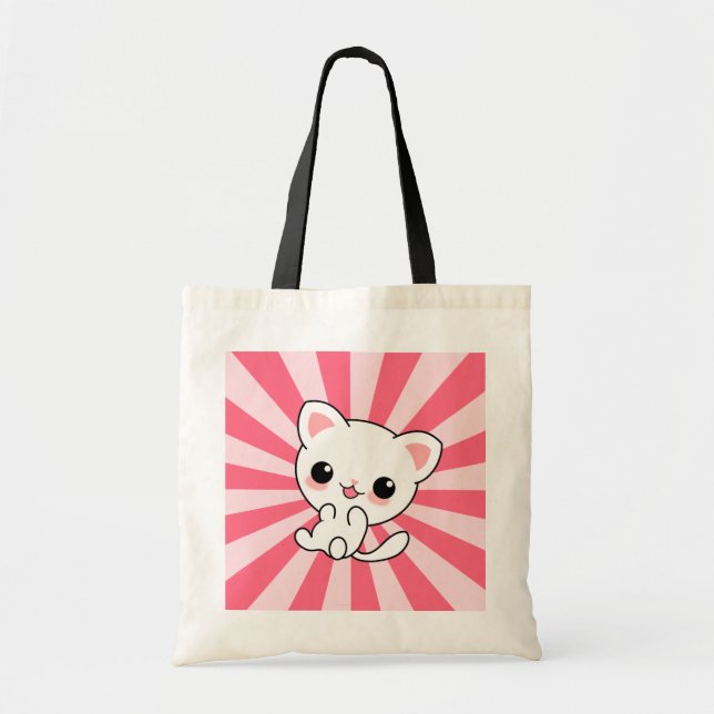 Bolso De Tela Gato blanco lindo kawaii rosa (Frente)
