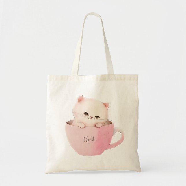 Bolso De Tela Gato blanco rosado en una taza de té (Frente)