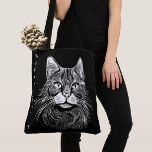 Bolso De Tela Gato blanco y negro personalizado dibujado a mano 