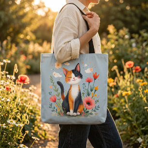Bolso De Tela Gato Calicó Sonriente en Jardín Florido