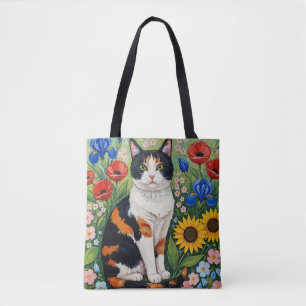 Bolso De Tela Gato calicó y girasoles del arte popular