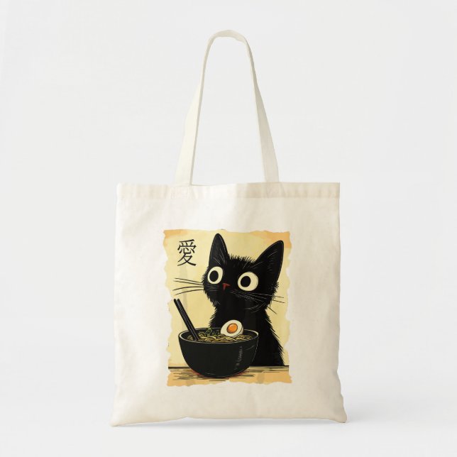 Bolso De Tela Gato comiendo ramen  (Frente)