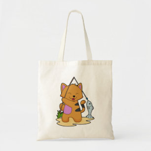 Bolso De Tela Gato como pescador con barra de pesca y pescado