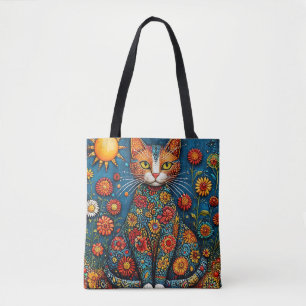 Bolso De Tela 🌸 Gato con cuerpo floral rodeado de flores