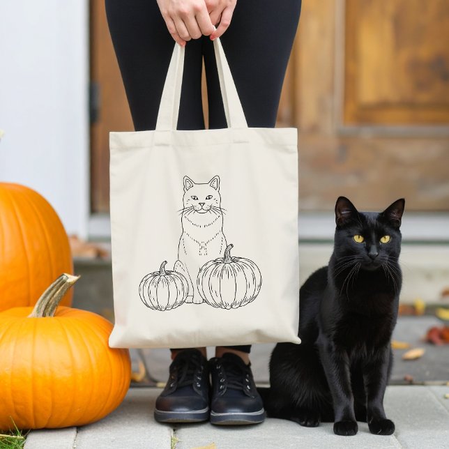 Bolso De Tela Gato con dos calabazas Línea Arte Cuto Halloween (Disclaimer: This image is a digital mockup.)