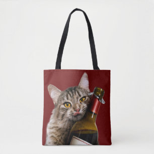 Bolso De Tela Gato con frasco de vino