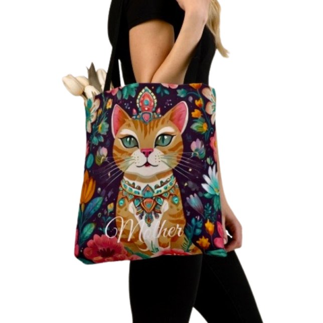 Bolso De Tela Gato Coronado con Joyas (Tote Bag — 100% polyester, black laminated lining 100% cotton web hand. Made in the USA.
)