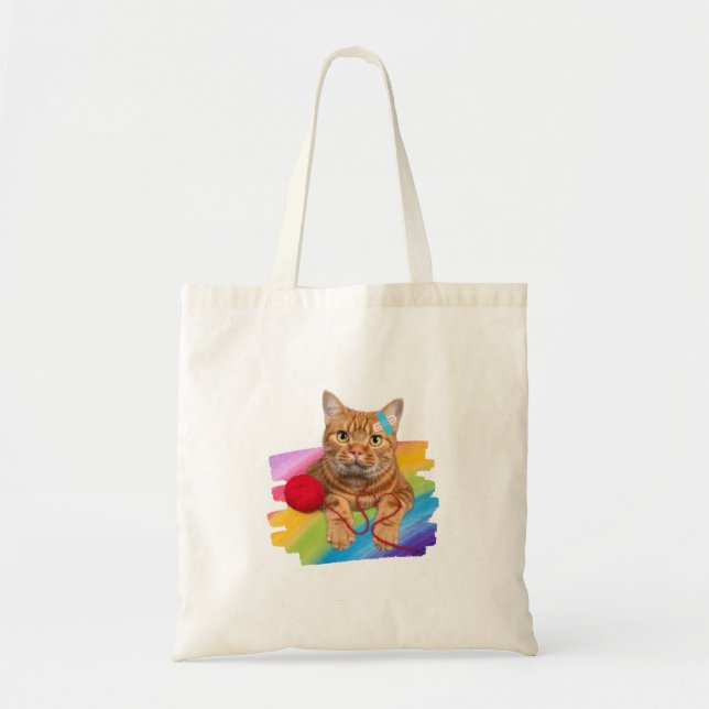 Bolso De Tela Gato dañado en fondo arco iris (Frente)