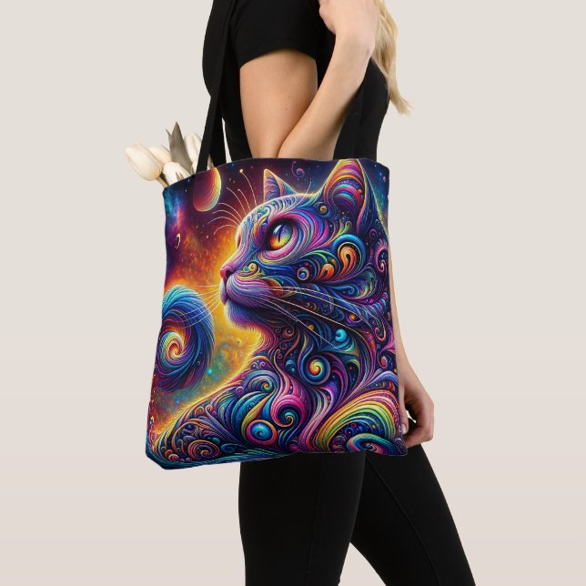 Bolso De Tela Gato de arco iris en espiral místico de galaxia (Detalle)