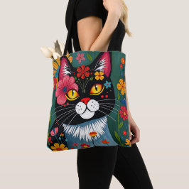 Bolso De Tela Gato de arte folclórico negro y blanco y flores ca