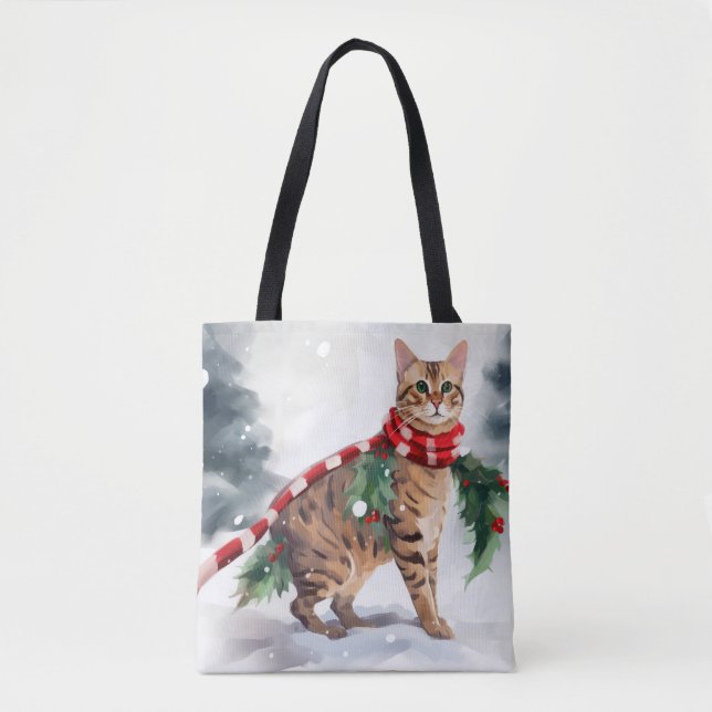 Bolso De Tela Gato de Bengala en Navidades de nieve (Anverso)