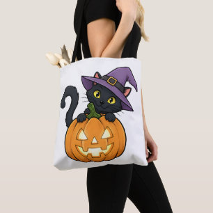 Bolso De Tela Gato de bruja adorable en una linterna Jack-o