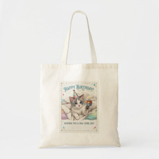 Bolso De Tela Gato de cumpleaños lindo con sombrero de fiesta y
