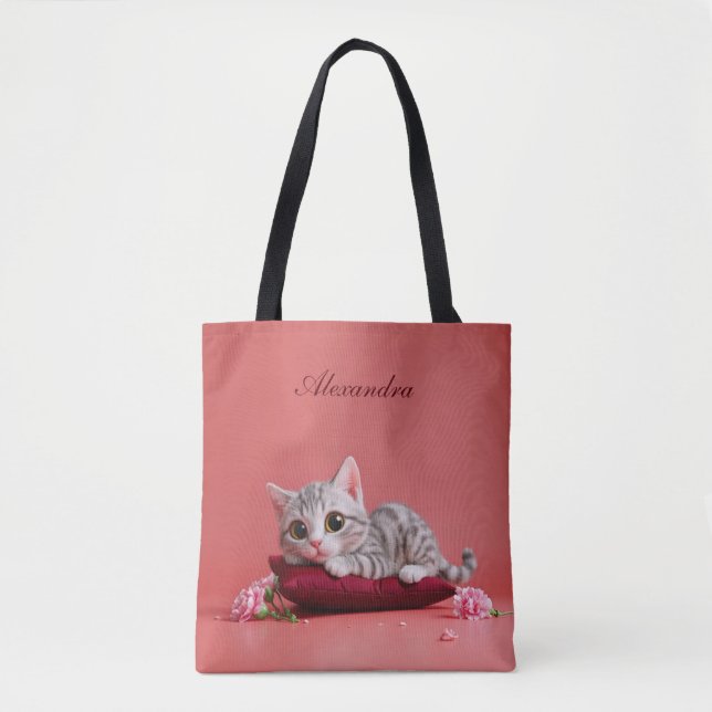 Bolso De Tela Gato de enero lindo con claveles (Anverso)