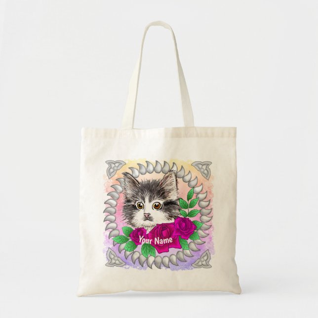 Bolso De Tela Gato de Esmoquin con Rosas Rosadas  (Frente)