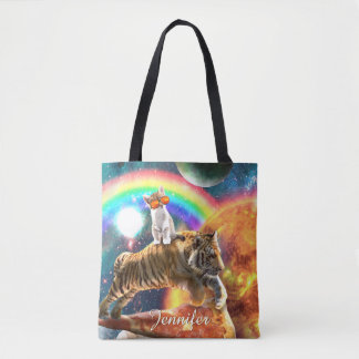 Bolso De Tela Gato de galaxia espacial montando tigre en pizza