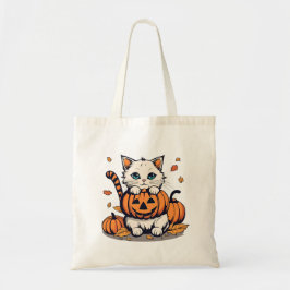 Bolso De Tela "Gato de Halloween entre calabazas y váyase