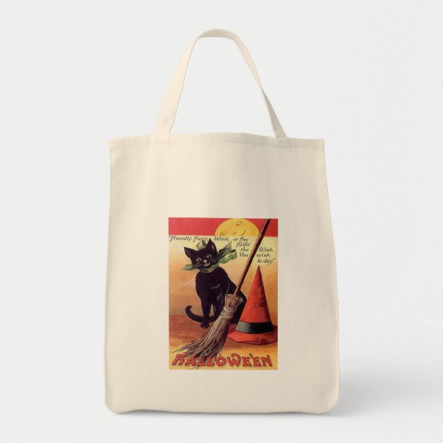 Bolso De Tela Gato de Halloween negro vintage (Frente)