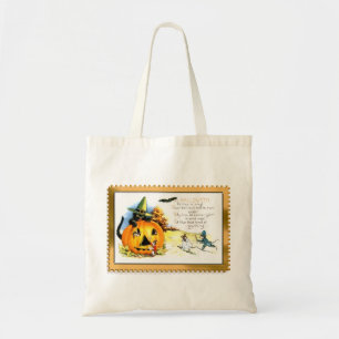 Bolso De Tela Gato de Halloween sentado en Jack O Lantern
