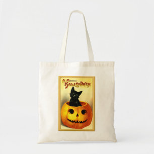 Bolso De Tela Gato de Halloween sentado en Jack O Lantern