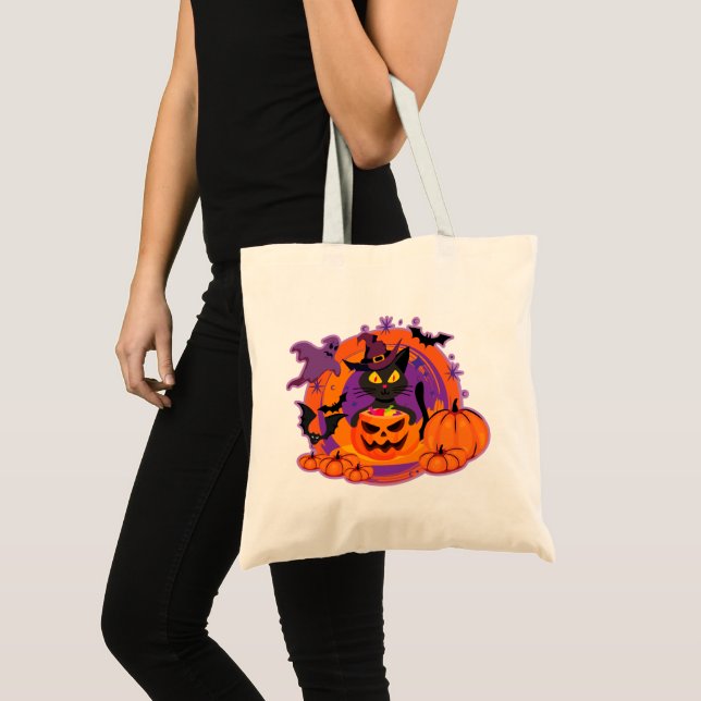 Bolso De Tela Gato De Halloween Y Calabazas (Anverso (producto))