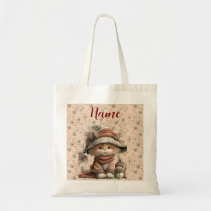 Bolso De Tela Gato de invierno con copos de nieve y nombre