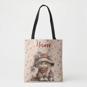 Bolso De Tela Gato de invierno con copos de nieve y nombre