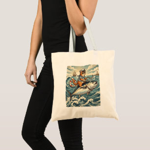 Bolso De Tela Gato de marinero divertido montando atún vintage