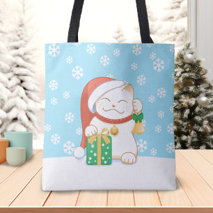 Bolso De Tela Gato de Navidades blancos en un Gorra rojo